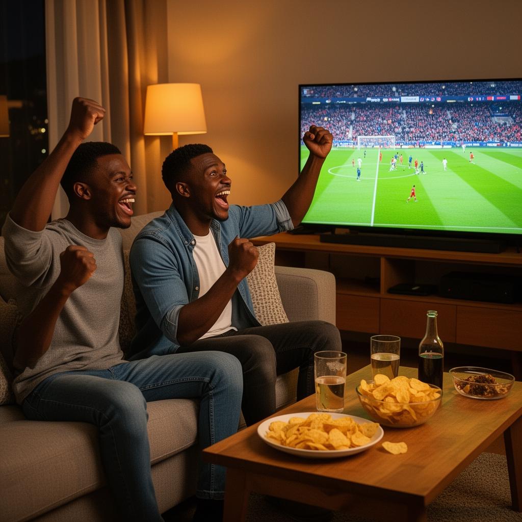 Two African friends cheering while watching football together